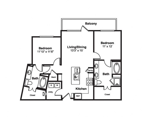 Floor plan for 2 beds, 2 baths, 1134 sqft
